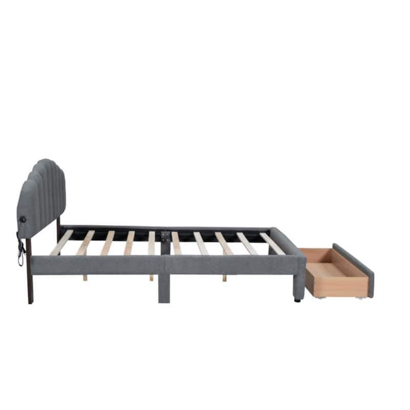 Teddy Fleece Queen Size Upholstered Platform Bed with Drawer