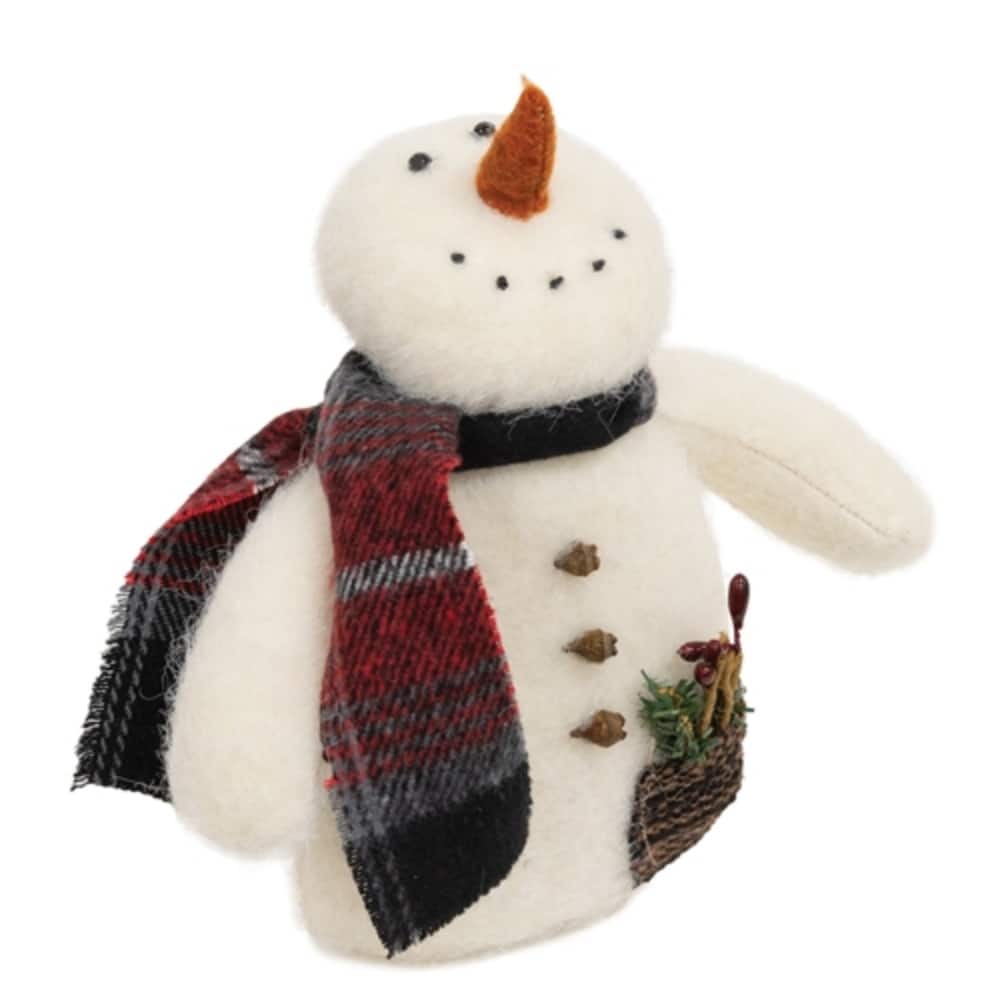 Stuffed Wishing Snowman With Greenery Pocket & Plaid Scarf - 5.50” x 2.50” x 6.50”