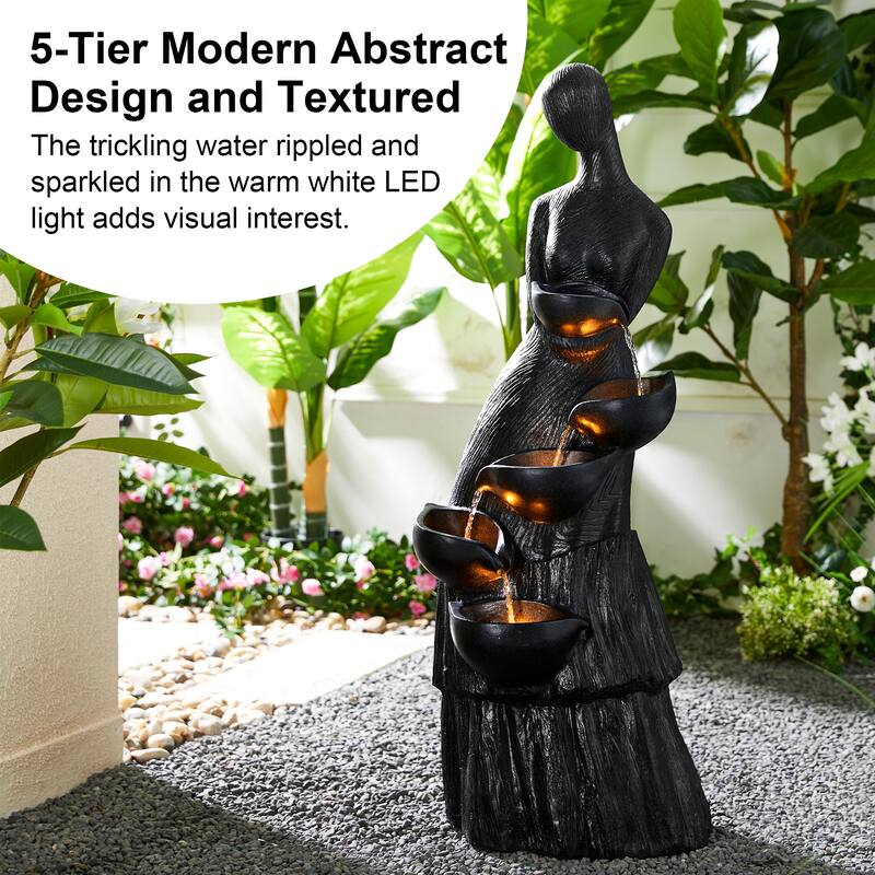 Glitzhome 5-Tiered Modern Women Sculpture Polyresin Outdoor Floor Fountain with LED Lights