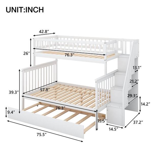 Merax Twin over Full Wood Bunk Bed with Trundle and Storage Stairs
