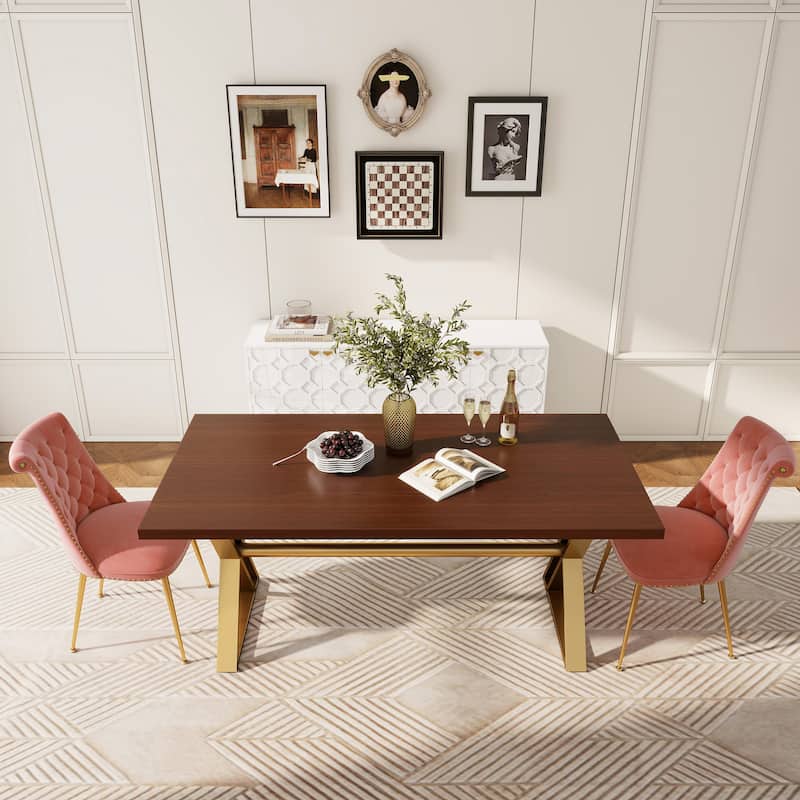 Clihome Walnut Wood Dining Table with Stainless Steel Base(only table)