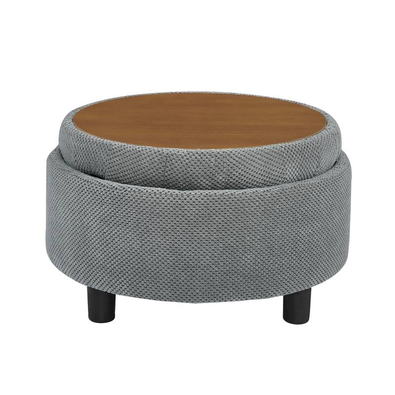 25"Round Storage Ottoman with Tray,ModernTufted Fabric Circle Coffee Table with Storage,Upholstered Ottoman with Removable Top