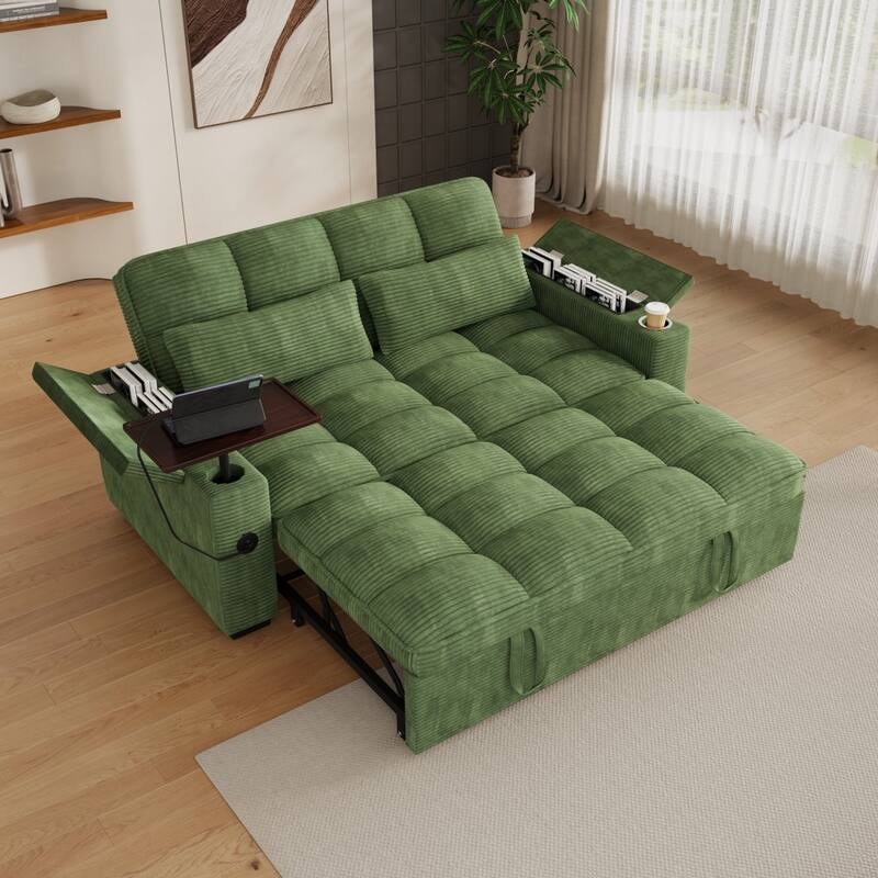 65'' Chenille 3-in-1 Folding Sectional Sofa with 360-Degree Swivel Side Table