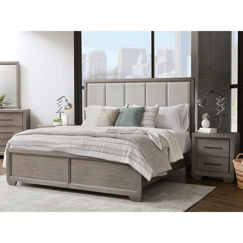 Roundhill Furniture Ennesley 3-Piece Gray Wood Bedroom Set, Upholstered Panel Bed and 2 Nightstands - King
