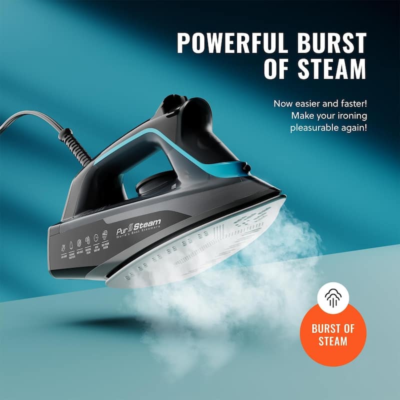 Pursteam SteamBurst+ 1750W Steam Iron, Ceramic Soleplate, Adjustable Steam, Powerful and Long-Lasting Steam for All Fabric