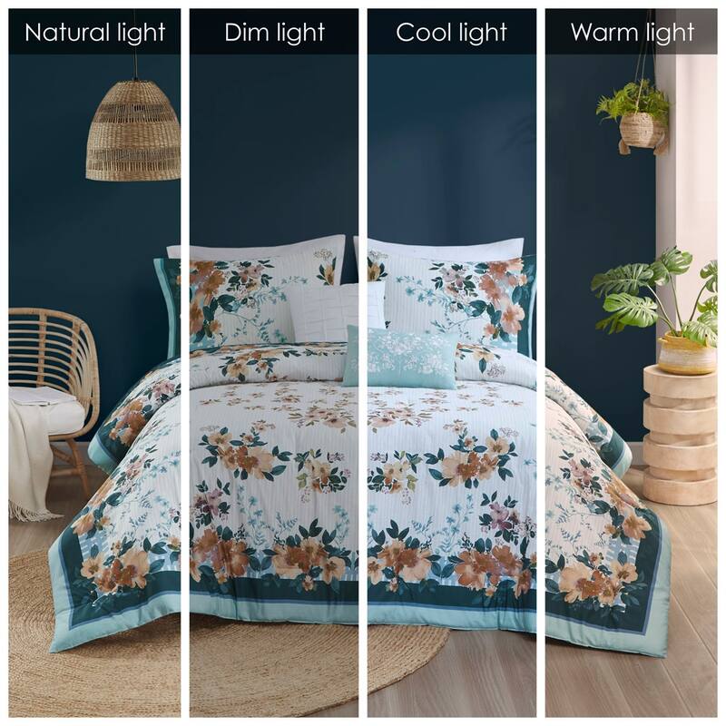GDF Studio - Everly Cotton Floral Comforter Set with Throw Pillows - Teal Floral (Full/Queen)