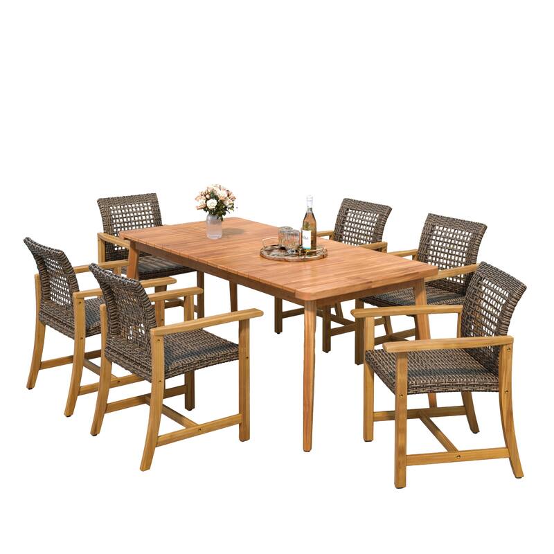 Roomfitters 7-Piece Outdoor Dining Set, Acacia Wood Patio Table and 6 Wicker Armchairs for Garden Backyard
