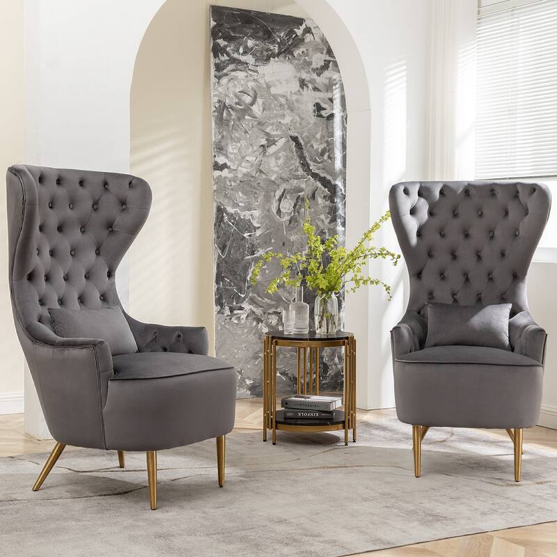 KINWELL Tufted High Wingback Accent Chairs Velvet Armchairs, Set of 2
