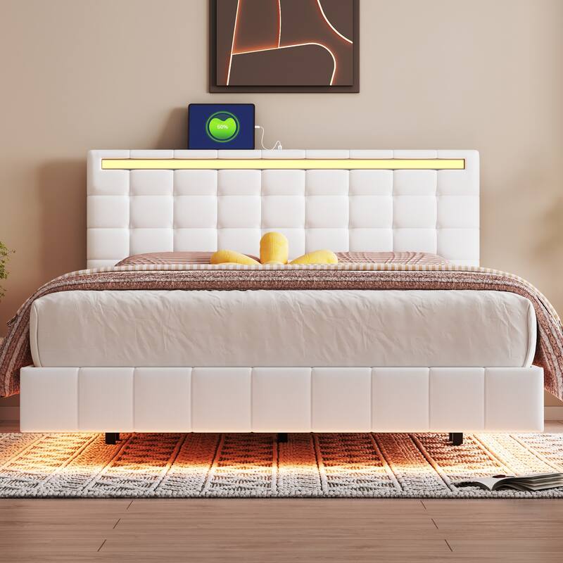 Queen Size Floating Bed Frame with LED Lights and USB Charging Bed
