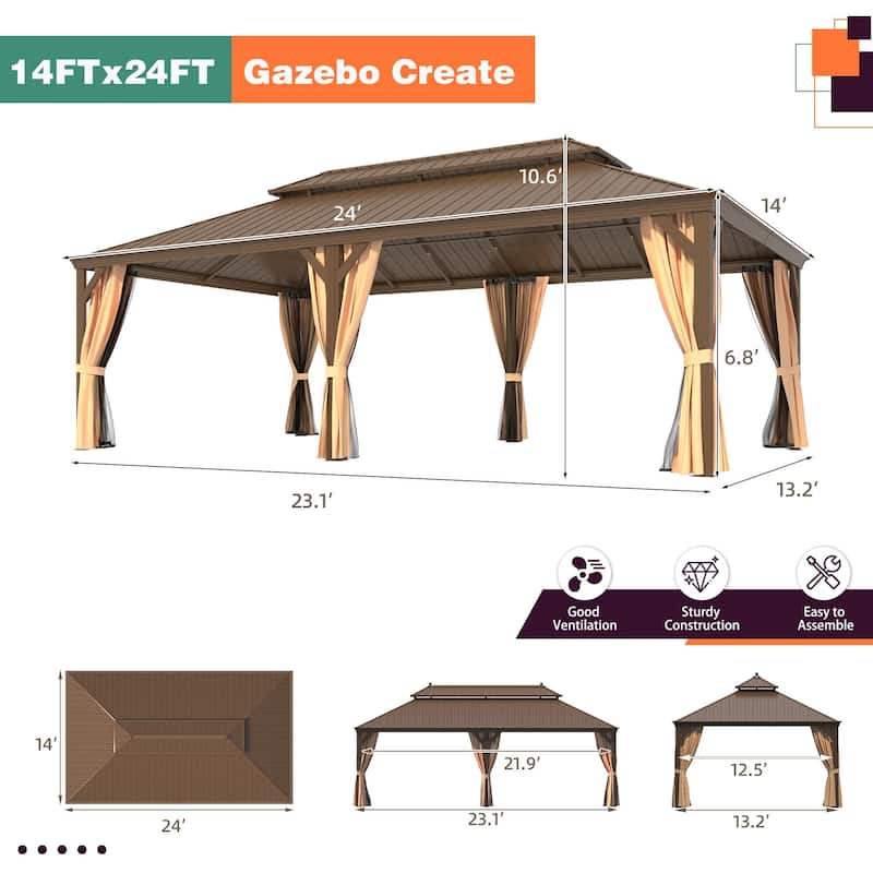 Erommy Hardtop Gazebo with Aluminum Frame and Double Roof, Permanent Outdoor Gazebo Includes Curtains&Netting for Patio Backyard