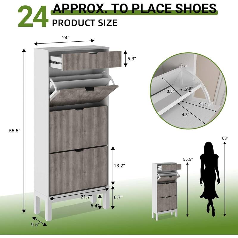 Shoe Storage Cabinet with 3 Flip Drawers, Fluted Shoe Organizer with Metal Legs