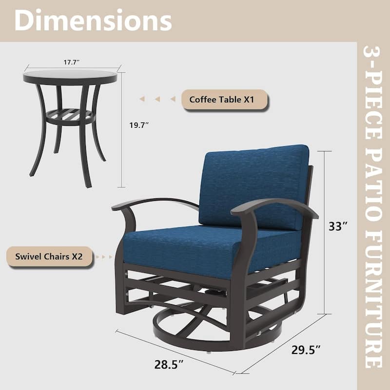 Kullavik 3Pcs Aluminum Rocking Chair Swivel Chairs Set with Glass Top Table & 5" Thick Cushion