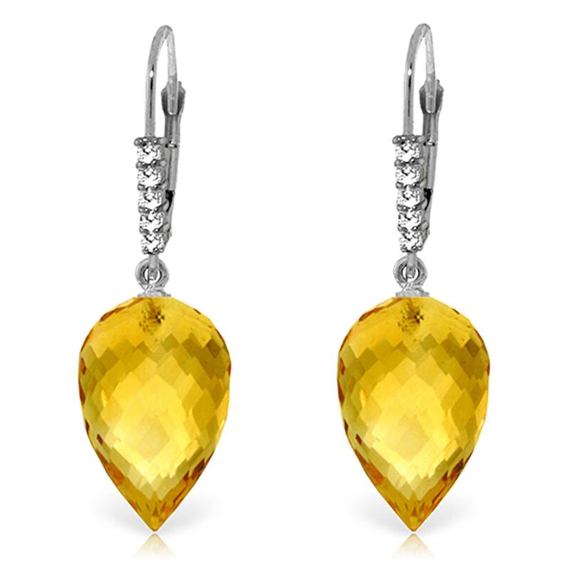 19.15 Carat 14K Solid Gold Drop Briolette Citrine Diamond Earrings - White