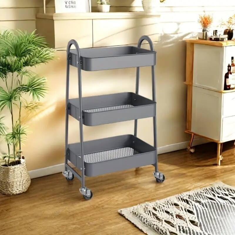 3-Tier Metal Rolling Utility Cart Multifunctional Organizer with Handle and Lockable Wheels - 17.4"D x 12.04"W x 31.02"H