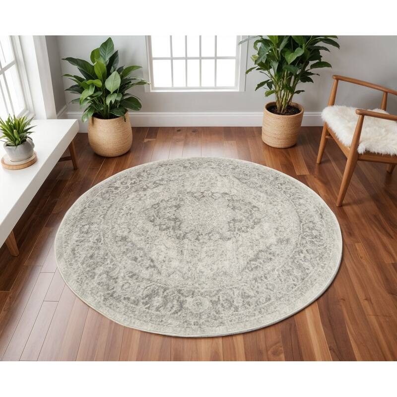 HomeRootsFloral Medallion Transitional Round Area Rug - 94' X '94' X '0.5 - 94' X '94' X '0.5 - Ivory/Gray