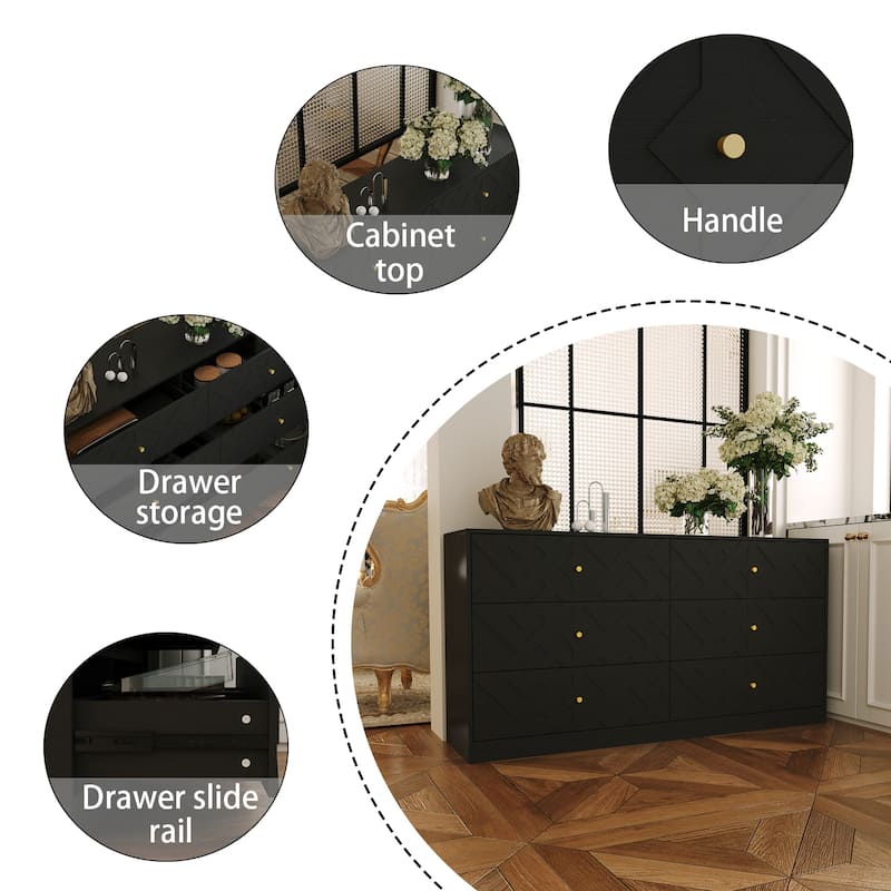 Large 6 Drawer Dresser Wooden Chest of Drawers with Gold Metal Handles