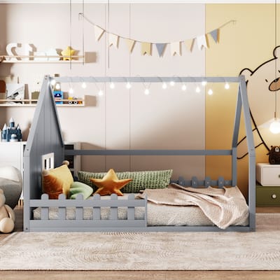 Solid Pinewood Full Size Floor House Bed Frame with Window and Fence