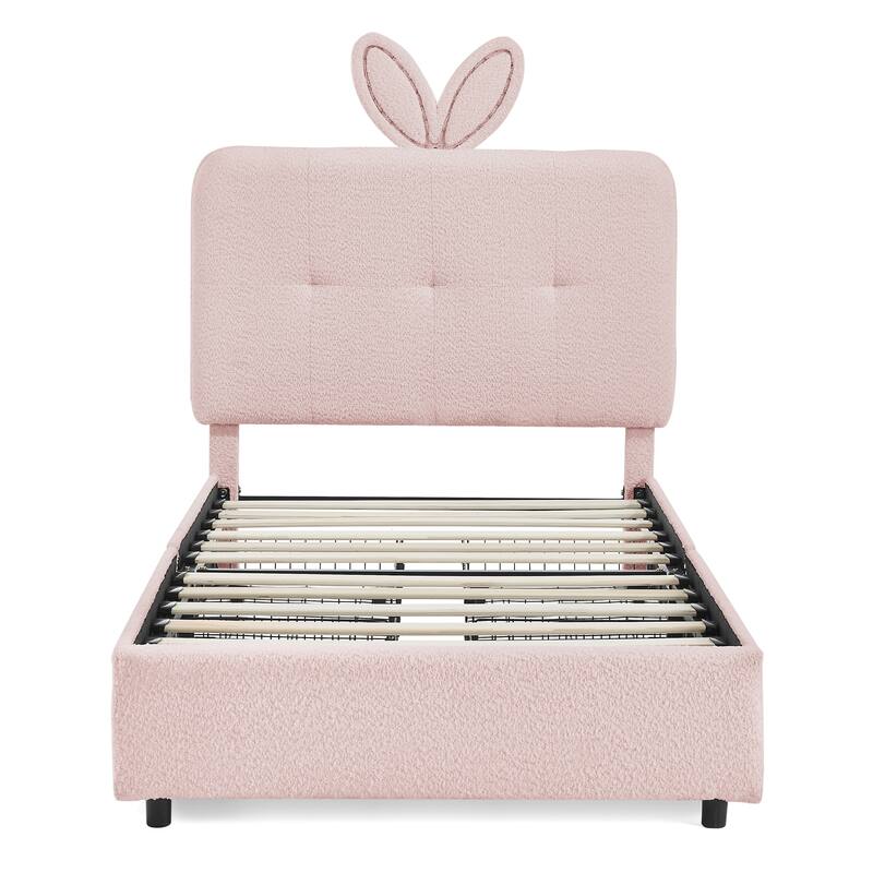 Kids Boucle Upholstered Bed with Rabbit Ear Headboard, LED Music Sync & 4 Drawers