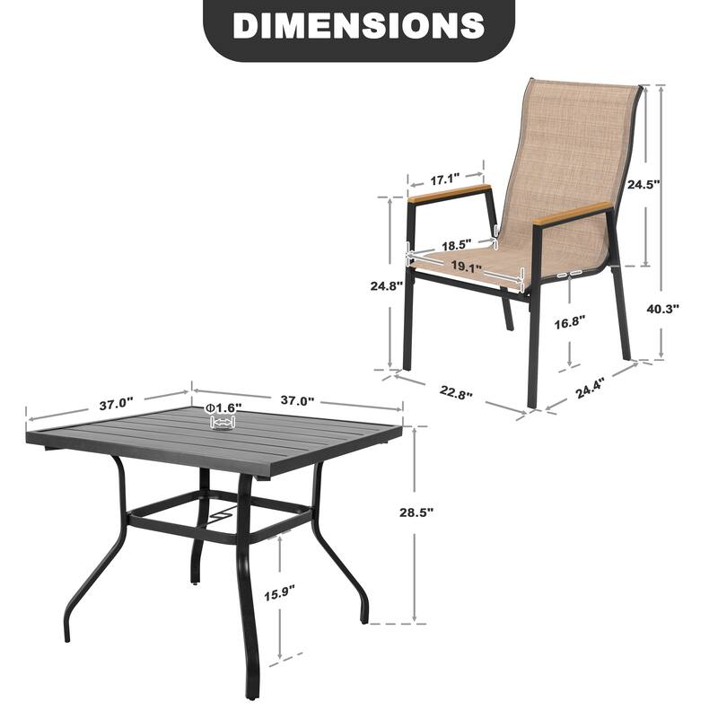 5-Piece Textilene Patio Dining Set with Umbrella Hole, Stackable Design
