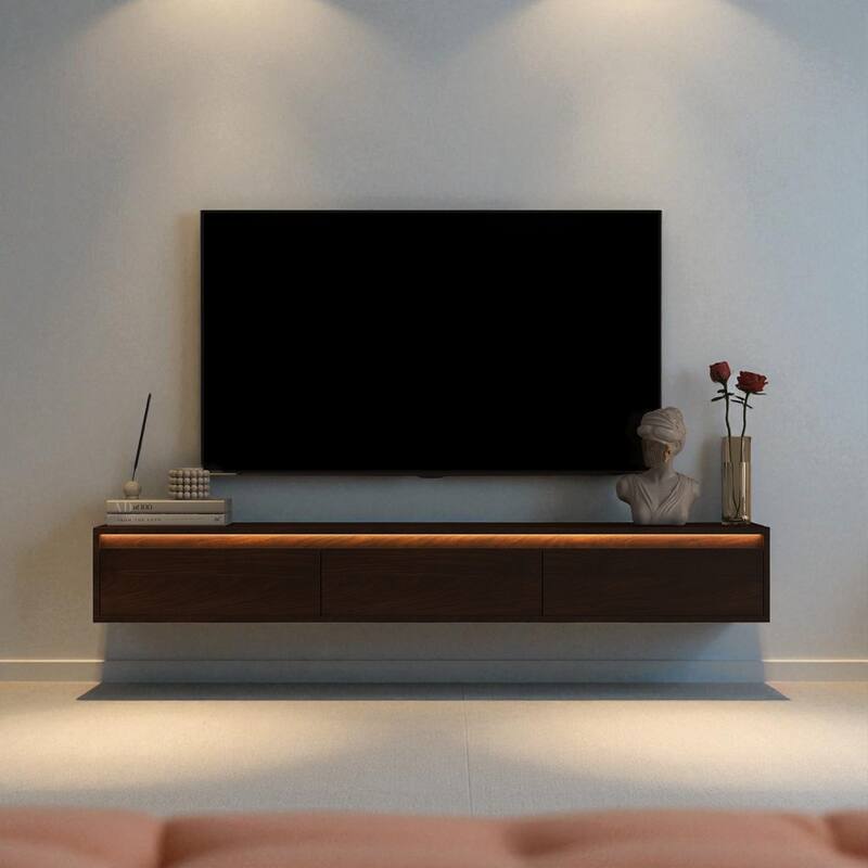 Floating High Gloss Wall Mounted TV Stand with LED Lights, USB Ports and Power Outlet for 60 to 69 Inch TVs