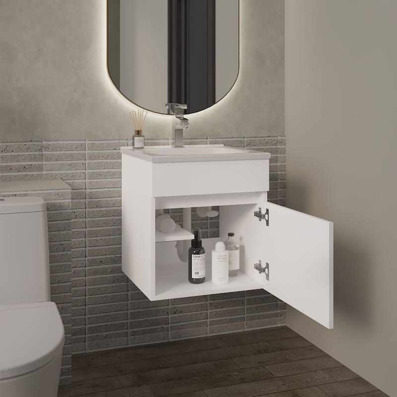 18" Wide Floating Bathroom Vanity, With One Cabinet And Two Shelves, White