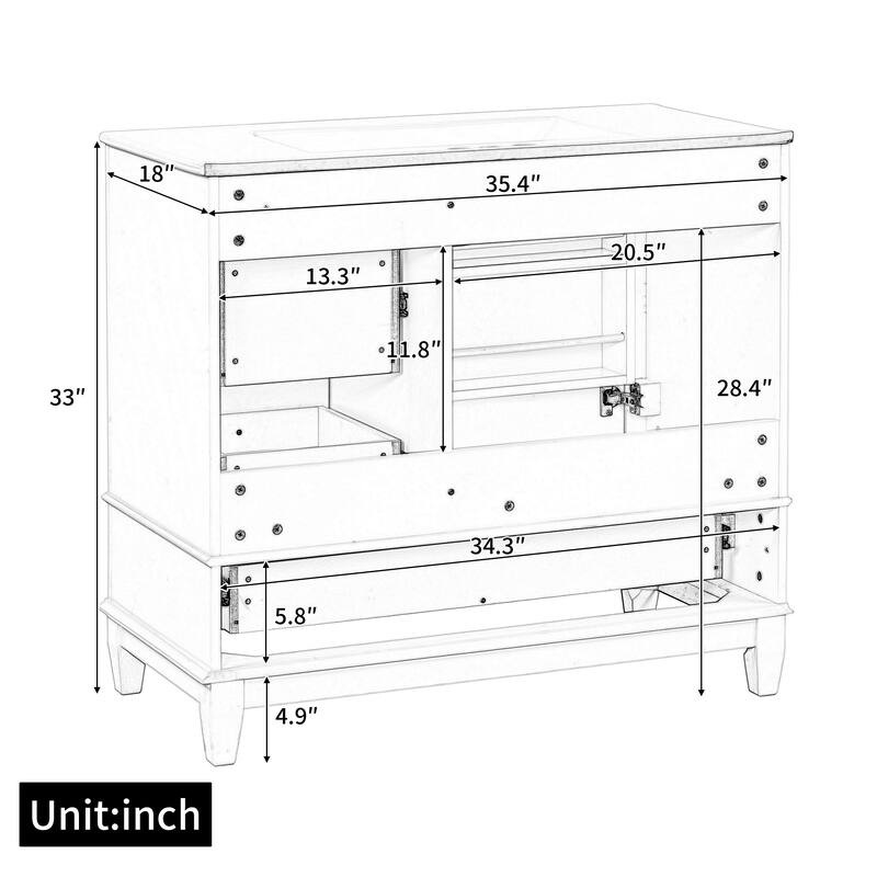 36" Bathroom Vanity with Top Sink, Modern Bathroom Storage Cabinet with 2 Drawers and a Tip-out Drawer, Single Sink