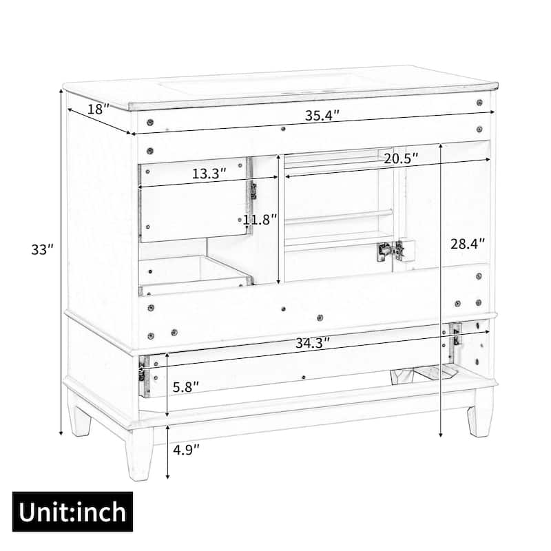 36" Freestanding Bathroom Vanity with Ceramic Sink, Solid Wood & MDF Cabinet, 3 Drawers & Shelves, Painted Finish