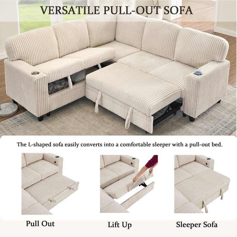 L-Shaped 5-Seat Sleeper Sectional - Pull-Out Bed with Storage & USB Charging, Corduroy Fabric
