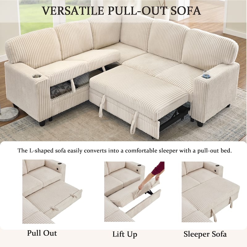 L-Shaped 5-Seat Sofa Bed, Convertible with USB, Beige Corduroy, Storage