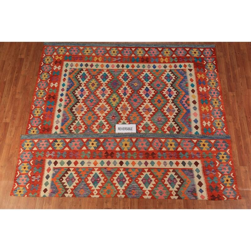 Reversible Kilim Oriental Area Rug Hand-Woven Orange Wool Carpet - 8'2" x 9'9"