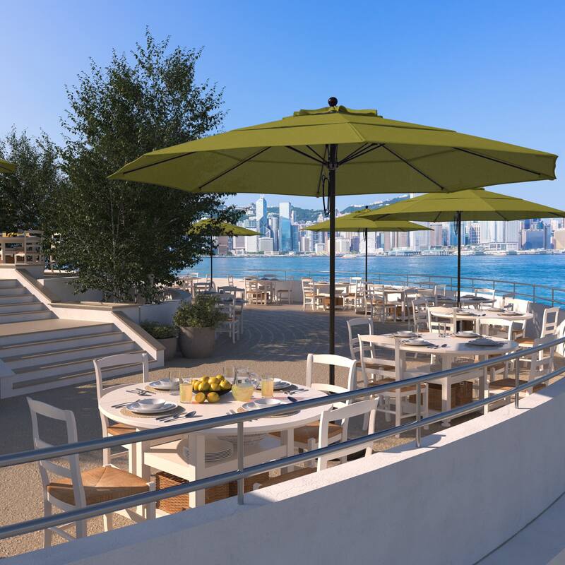 California Umbrella 11' Rd Aluminum Frame, Fiberglass Rib Patio Umbrella, Push Open, Bronze Finish, Sunbrella Fabric - Macaw