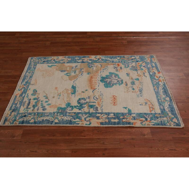 Hand Knotted Oriental 100% Wool Carpet Traditional Pictorial Beige & Ivories Art Deco Area Rug - 4' 9'' X 3' 3''