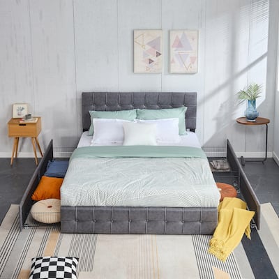 Full Size Platform Bed Frame with 4 Storage Drawers, Grey
