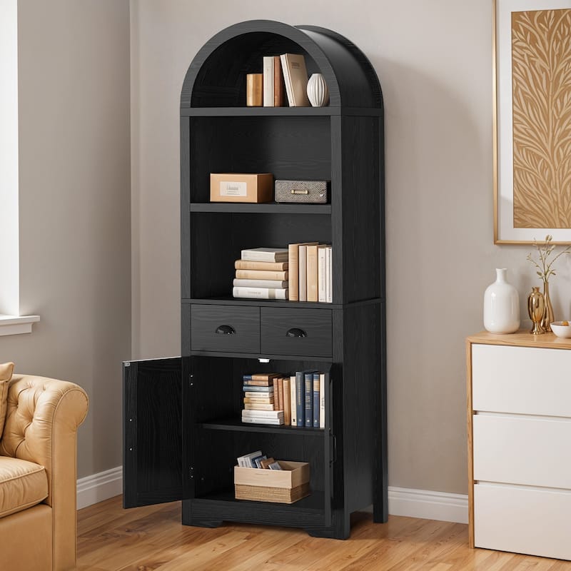 Moasis 71"/68" Tall Arched Bookshelf with Storage, Arched Bookcase with 2 Drawers and Doors