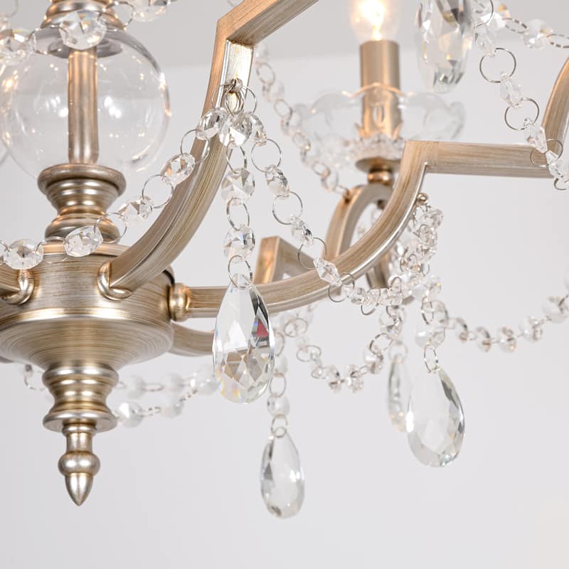 25.2" W Modern Luxury Crystal Beaded 6-Light Chandelier with Vintage Silver Finish and Candle Arms