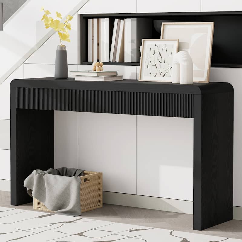 Rustic Console Table with 3 Fluted Drawers - Solid Wood Veneer Entryway Table Featuring Natural Wood Grain for Living Room - Black