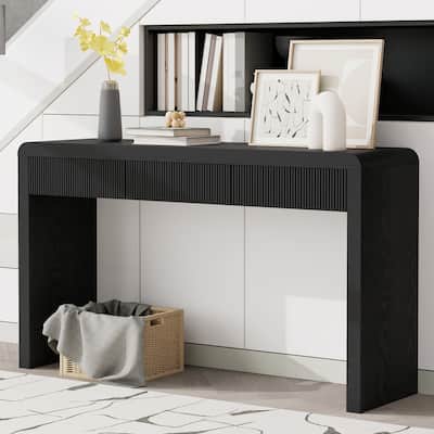 Rustic Console Table with 3 Fluted Drawers - Solid Wood Veneer Entryway Table Featuring Natural Wood Grain