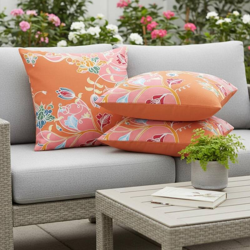 HomeRoots Set of Two 16" X 16" Pink and Orange Blown Seam Floral Indoor Outdoor Throw Pillows - 16.00' X '16.00' X '5.00 - Orange/Pink - 16.00' X '16.00' X '5.00