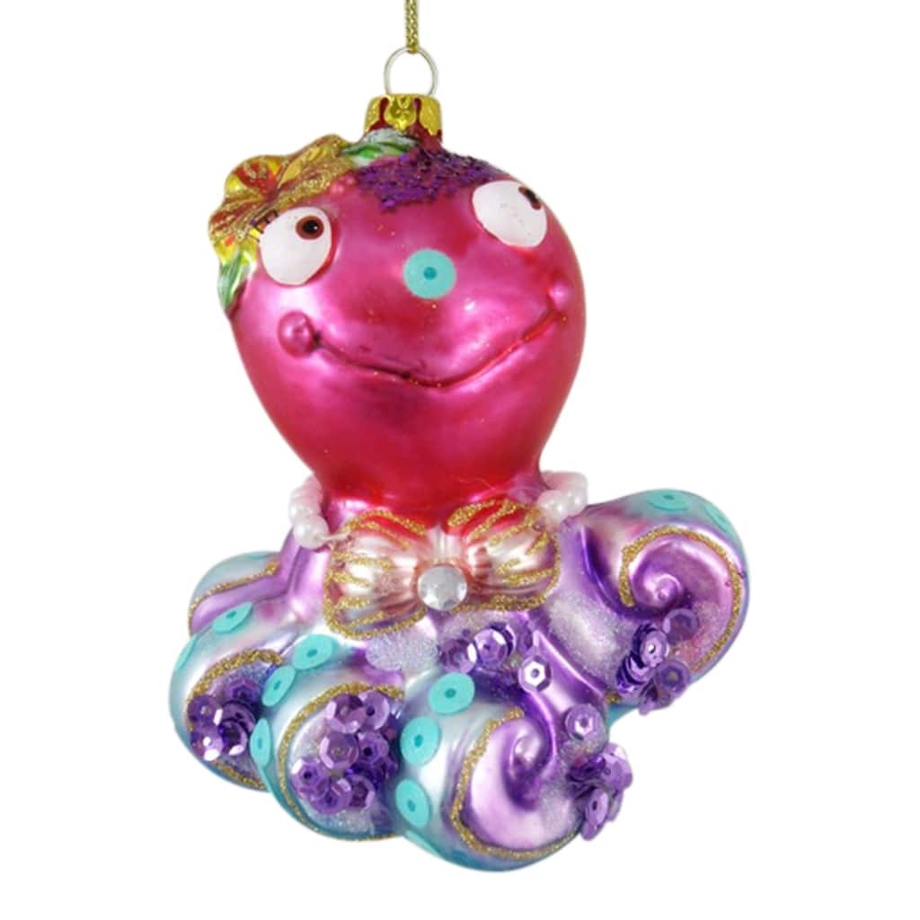 Pretty Pink and Purple Coastal Octopus Glass Christmas Holiday Tree Ornament - Multi