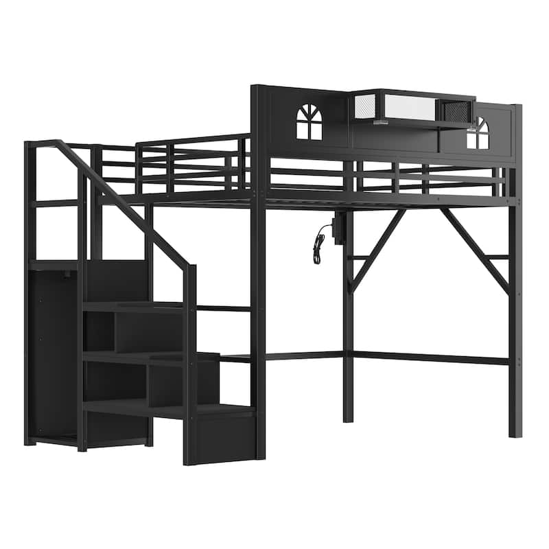 Full / Queen Size Loft Bed with Stairs, House Shaped Guardrails, and Wardrobe Storage
