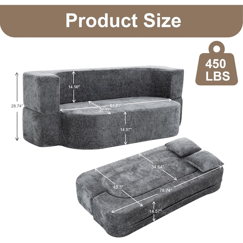 3-Seater Convertible Sofa Bed, Chenille Fabric Sleeper Sofa, High-Density Sponge Daybed, No Assembly Required