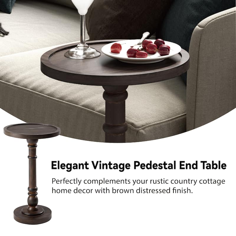 COZAYH Pedestal Small Drinking Table, Farmhouse Tray Top End Table, Distressed Finish, Traditional