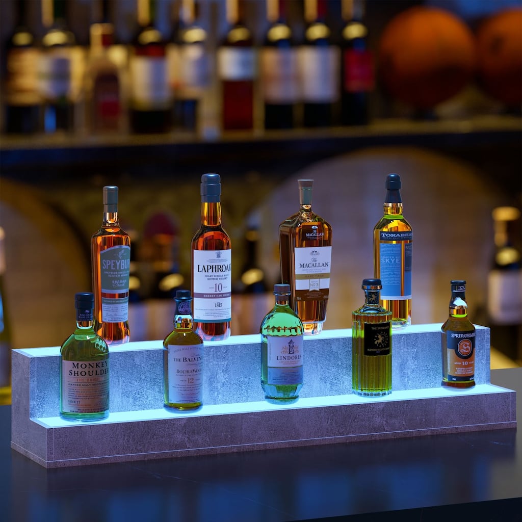 Freestanding Holding Bottles for Home Bar, LED Lighted Liquor Bottle Display Shelf, Countertop Bar Display Shelf