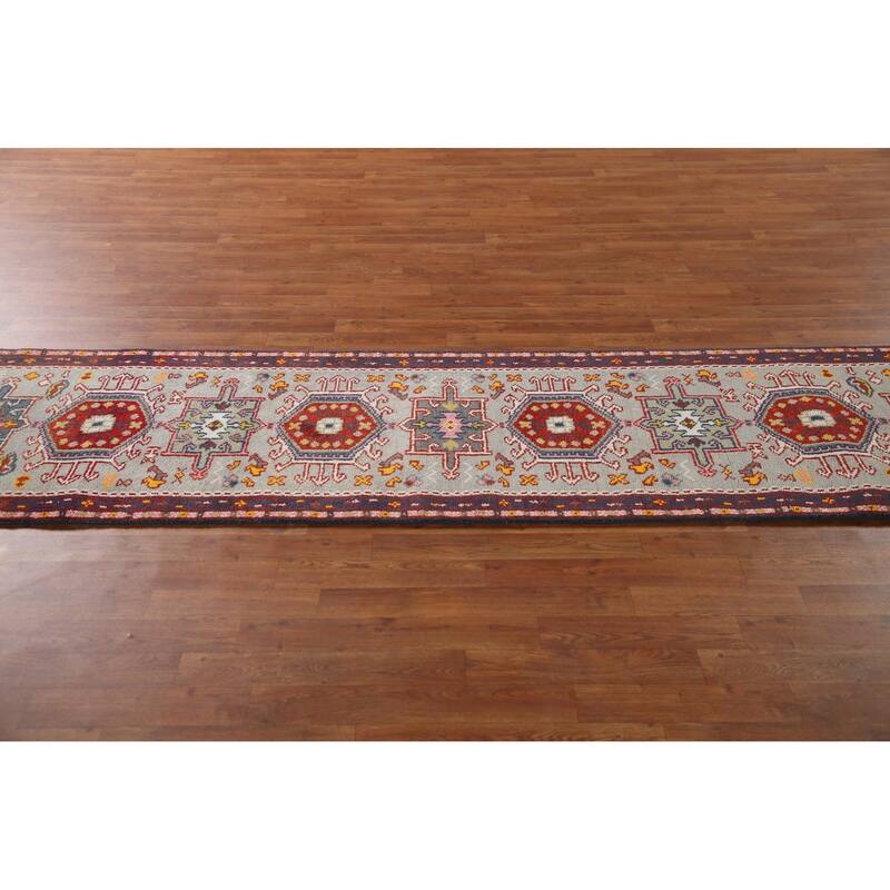 Geometric Green Kazak Indian Runner Rug Hand-knotted Wool Carpet - 2'6"x 9'11"