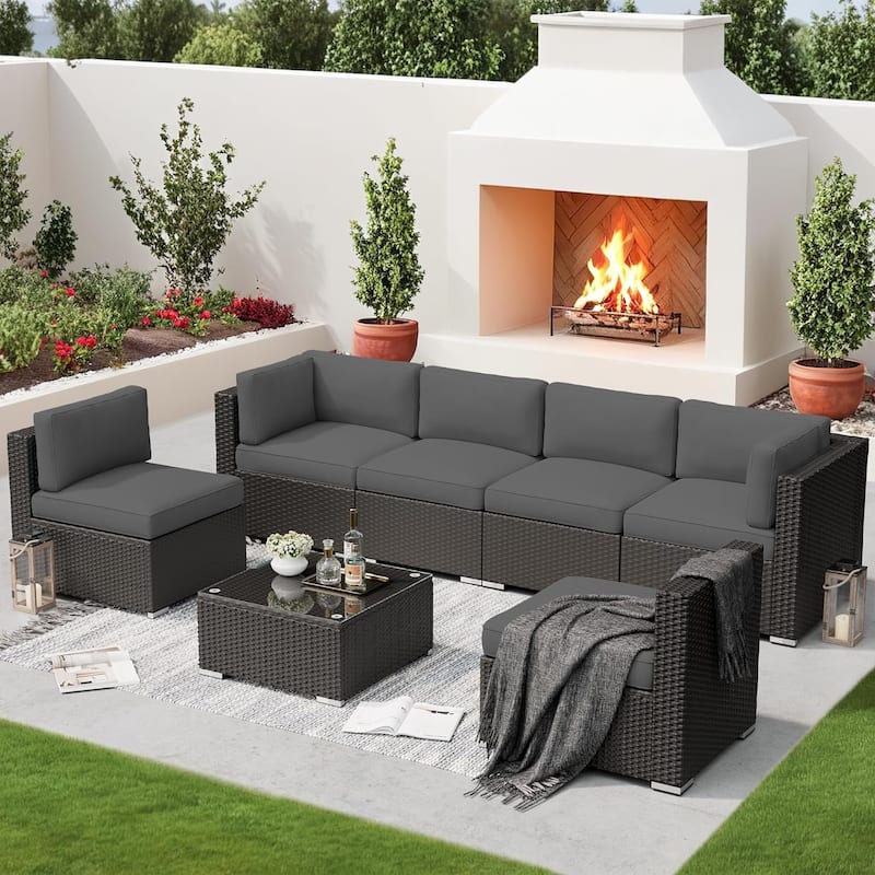 7-piece Outdoor Patio Black Wicker Rattan Cushioned Sectional Sofa Conversation Set by Havenside Home