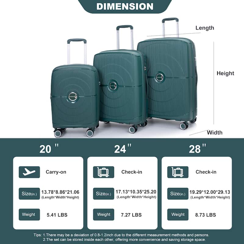 Expandable Hardshell Suitcase Double Spinner Wheels PP Luggage Sets with TSA Lock,3-Piece Set (20/24/28)