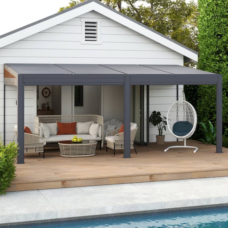 Erommy Wall-Mounted Pergola with Louvered Roof & Pull-Down Screen, Aluminum Awning for Patio or Deck