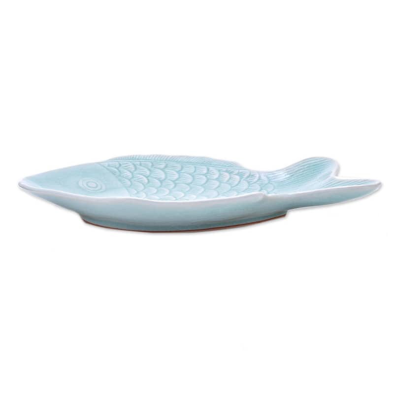 Novica Handmade Mae Ping Fish In Aqua Celadon Ceramic Serving Plate