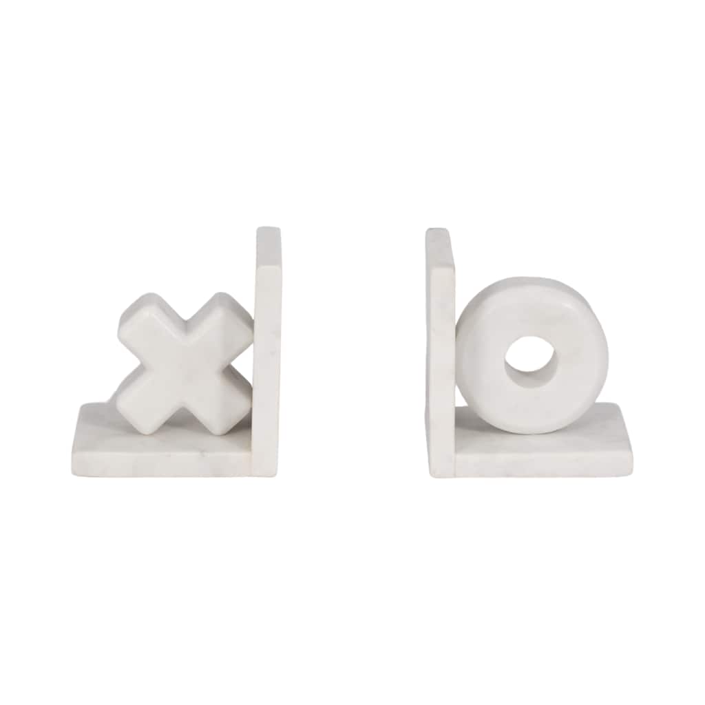Sagebrook Home Chic Marble X and O Bookends, Sophisticated White, 5-Inch - Elevate Your Shelves, Set of 2 - 5" x 4" x 5"