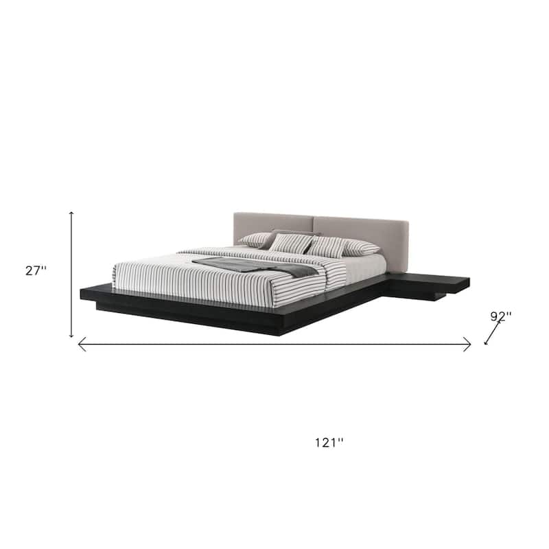 HomeRoots Black and Gray Wood And Faux Leather Queen Bed Frame With Attached Nightstands
